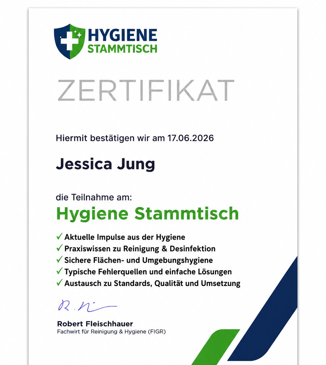 Beispiel eines personalisierten Hygiene-Stammtisch Teilnahmezertifikats