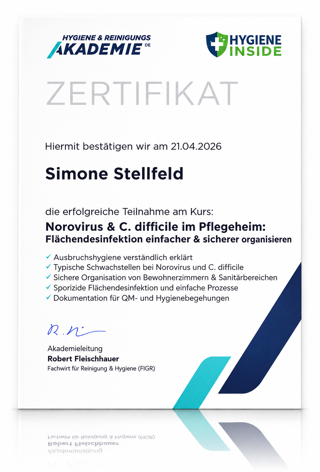 Beispiel Teilnahmezertifikat Hygiene Akademie